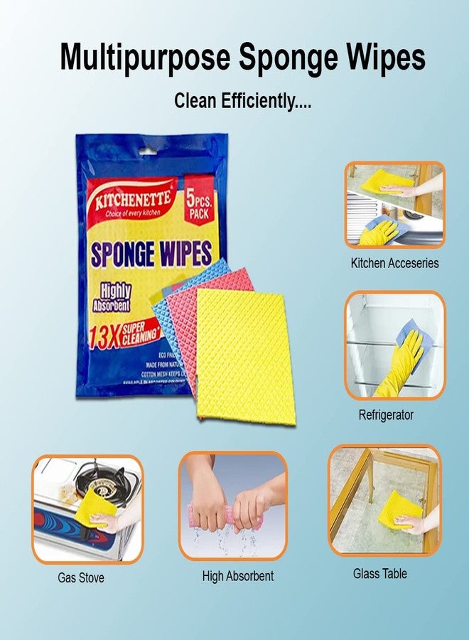 Kitchenette Reusable Kitchen Cleaning Sponge, Cellulose Wood Foam Wipe, Easy to Use & Biodegradable, Multicolor (Pack of 5) - Image 2